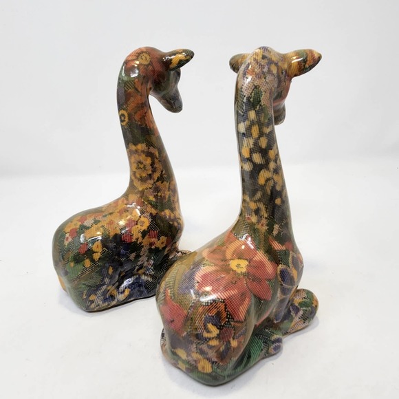 Giraffe Floral Patchwork Glazed Ceramic Figurines Set of 2 7" Sitting Figure - Picture 3 of 5